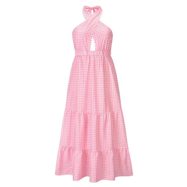 FOCUSNORM Plaid Tiered Dress for Women Cut Out Crisscross Halter Neck Sleeveless Maxi Dress A-Lin... | Walmart (US)