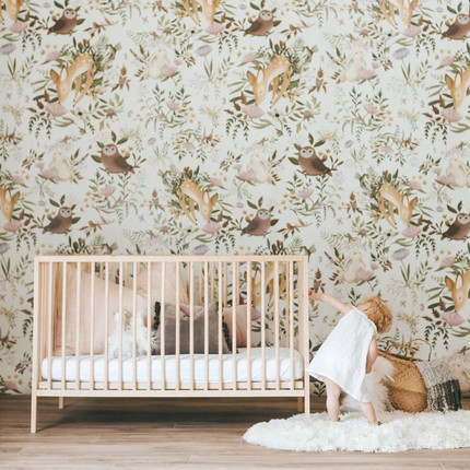 Click for more info about OH Deer Wallpaper - Light | Forest Bunny Scene Mural | Floral Nursery Wallpaper