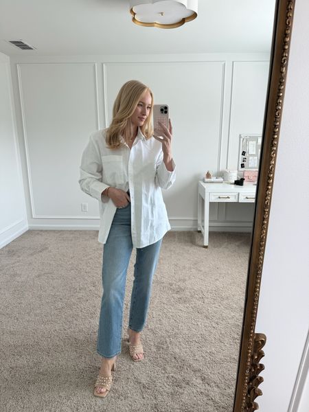 Perfect classic spring wear option. Paired this oversized white button down from Nordstrom with my go-to vintage jeans from J.Crew. I love the detail of these pearl heels to finish the look  

#LTKstyletip #LTKSeasonal #LTKshoecrush