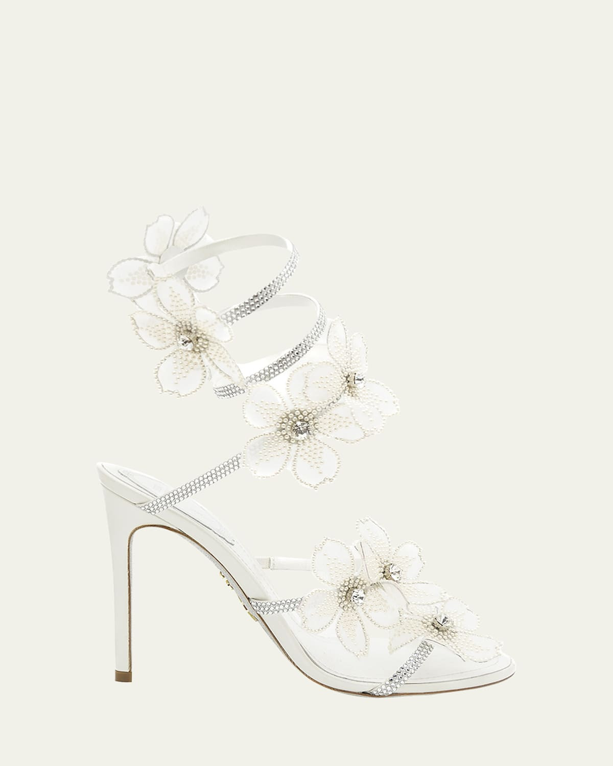 Floraine Crystal Flower Satin Snake Wrap Sandals | Bergdorf Goodman
