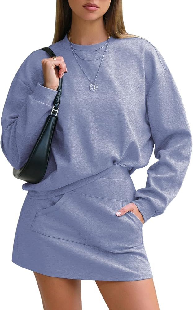 EXLURA Women 2 Piece Sets Cotton Tracksuits Workout Set Crewneck Sweatshirt Skort Short Skirt Fal... | Amazon (US)