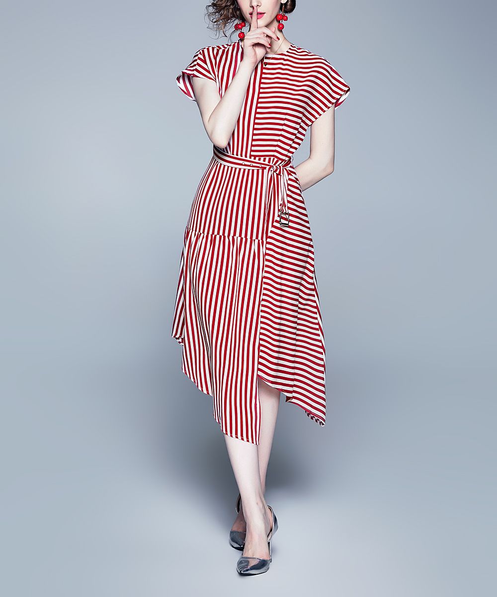 Nsha Women's Casual Dresses Red - Red & White Asymmetric Stripe Midi Dress - Women | Zulily