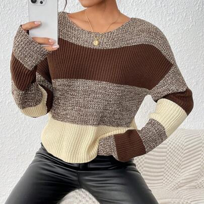 Versatile Crew Neck Color Block Long Sleeve Pullover Knit Sweater For Women | SHEIN