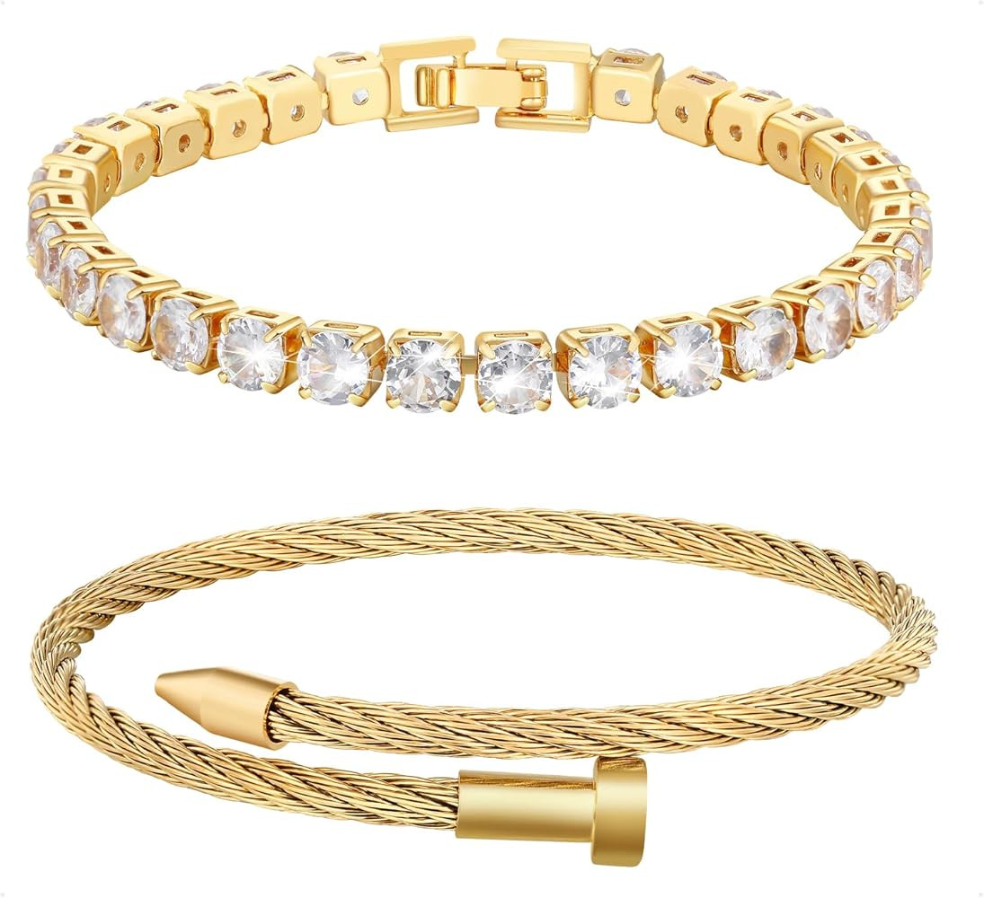 18K Gold Plated Nail Bangle Bracelets for Women,Love Friendship Bangle Stack Dainty Bangle Set Gi... | Amazon (US)