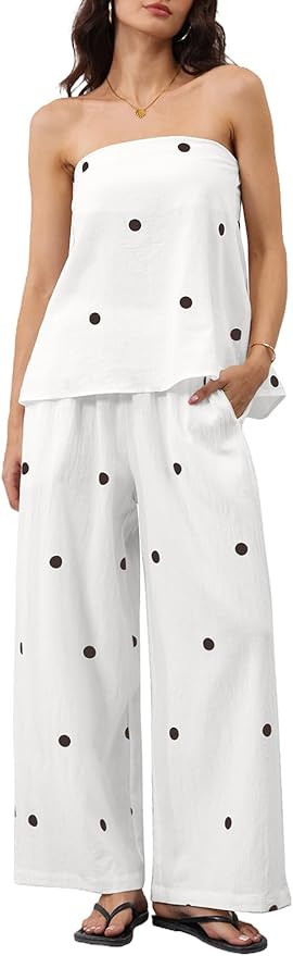 Women 2 Piece Polka Dot Tube Top Set Strapless Bandeau Blouse Wide Leg Spot Print Pants Outfits S... | Amazon (US)