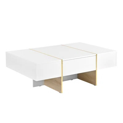 ON-TREND 47.2'' x 31.4''Minimalist High Gloss Coffee Table with 2 Drawers, Multi-Storage Rectangle Sofa Table with Golden Wood Grain Legs, Modern Cent | Wayfair North America