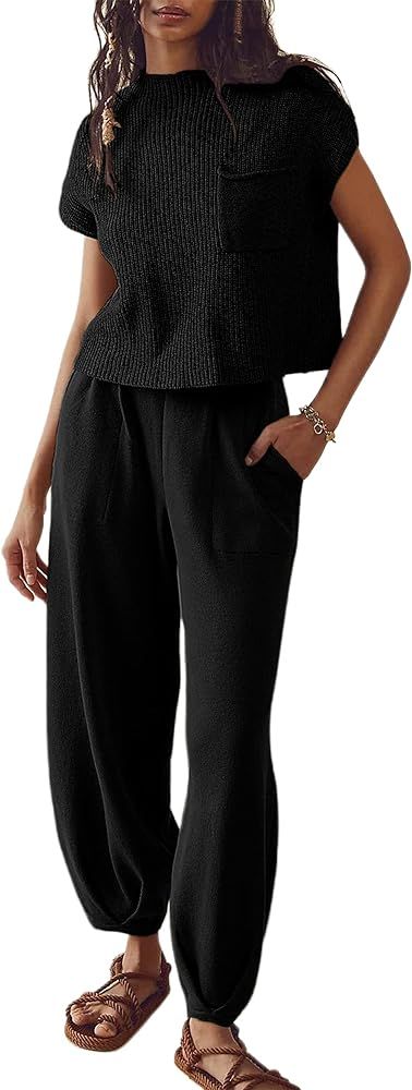 Ameliever Women's Two Piece Outfits Knitted Sweater Sets Solid Pullover and High Waist Pants Loun... | Amazon (US)