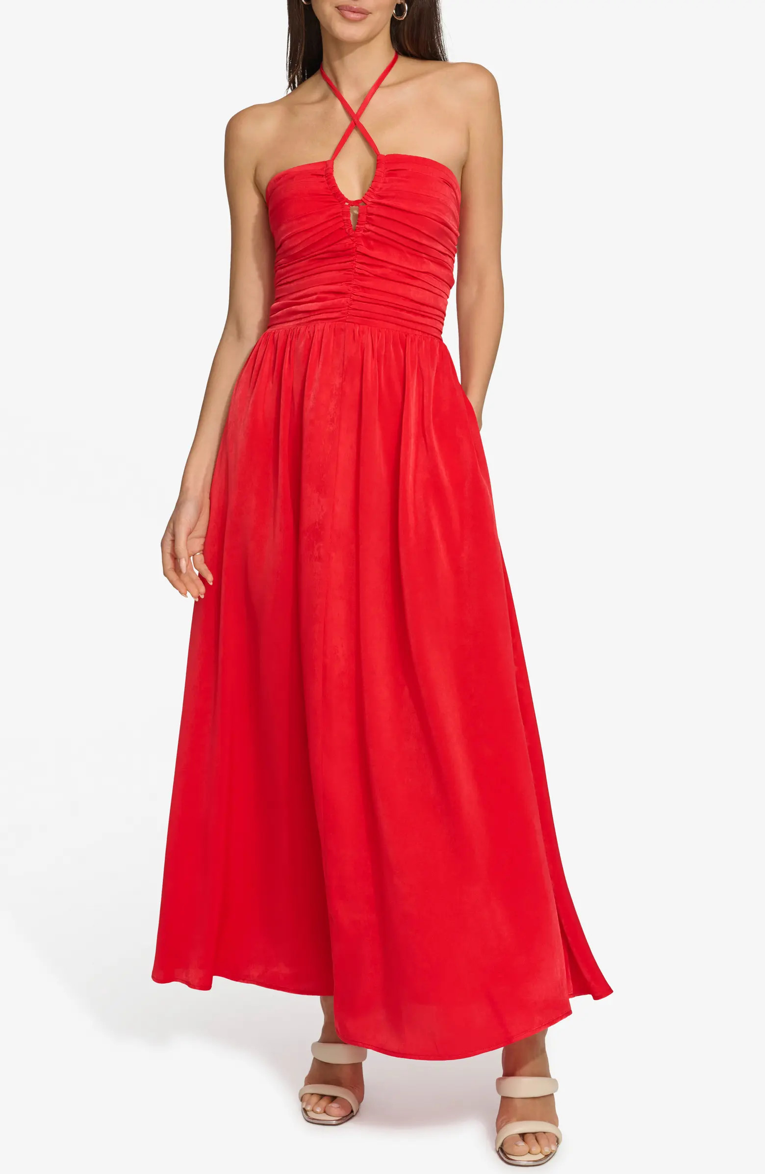 DKNY Ruched Halter Satin Maxi Dress | Nordstrom | Nordstrom