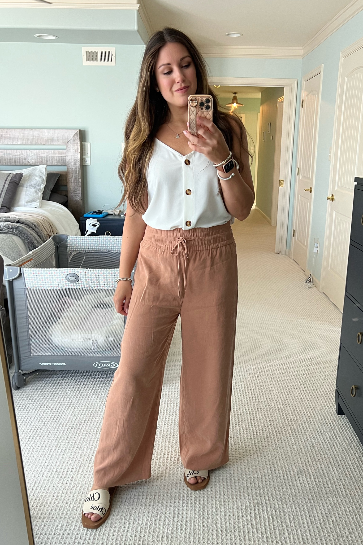 OOTD, summer outfit, vacation outfit, beach outfit, everyday outfit, linen pants, tan pants, beach pants, drawstring pants, casual tank, dressy tank, basic cami, dressy cami, button cami, loose cami, neutral outfit, Chloe woody sandals, Chloe woody, dressy casual 

#LTKstyletip #LTKunder50 #LTKFind