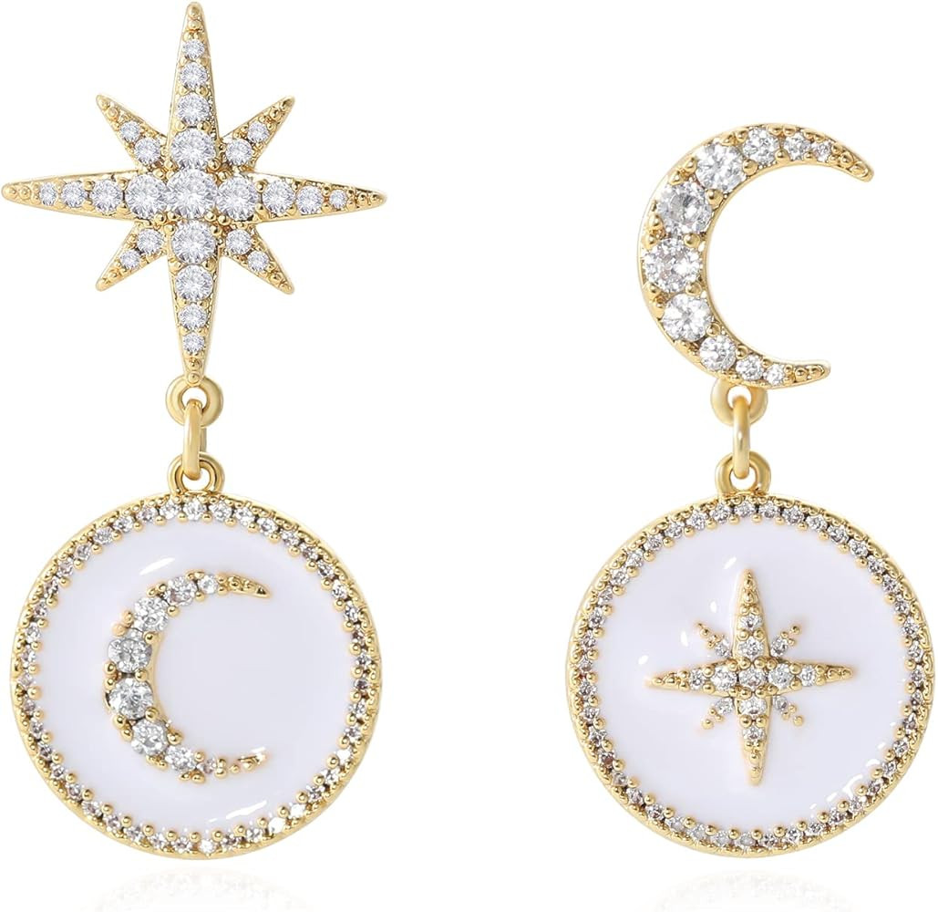 XULAN Moon and Star Dangle Earrings, 16K Gold Plated Drop Celestial Earrings, 925 Silver Needle Z... | Amazon (US)