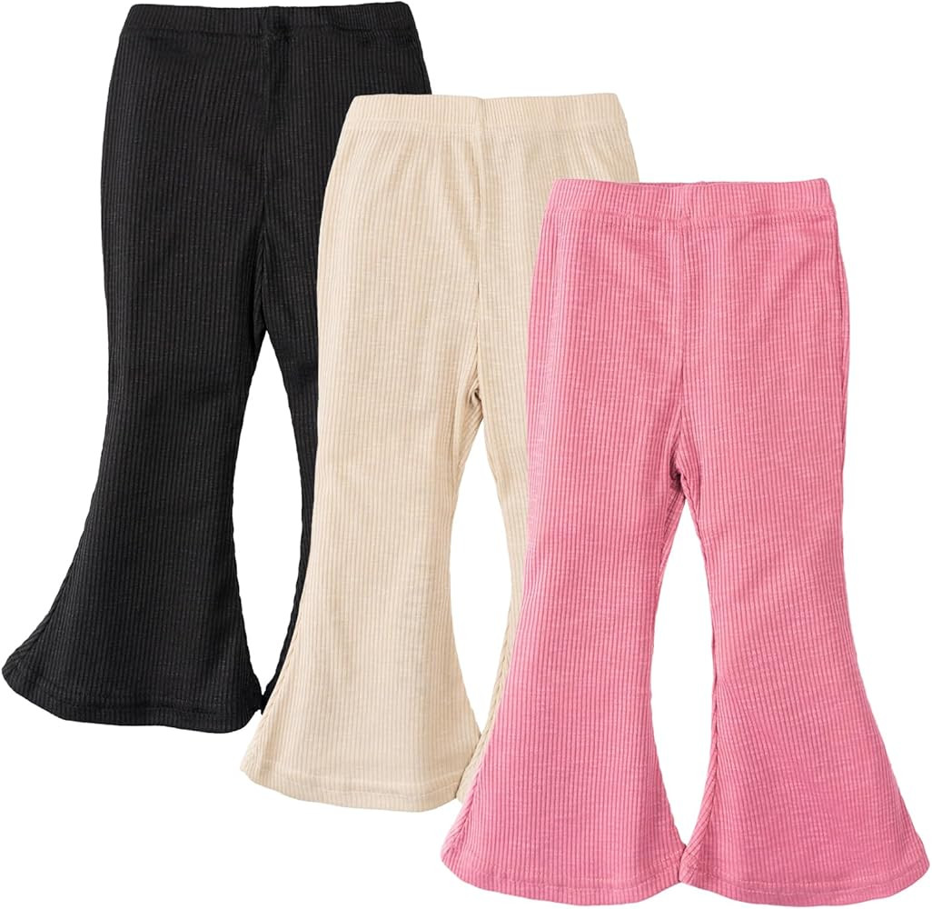 Miipat Toddler Girl Flare Pants 3 Pack Ruffle Ribbed Baby Bell Bottoms Slub Cotton Solid Elastic ... | Amazon (US)