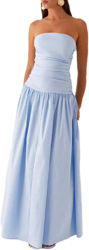 Women Summer Strapless Maxi Dress A Line Flowy Tube Top Dress Y2K Elegant Wedding Party Cocktail ... | Amazon (US)
