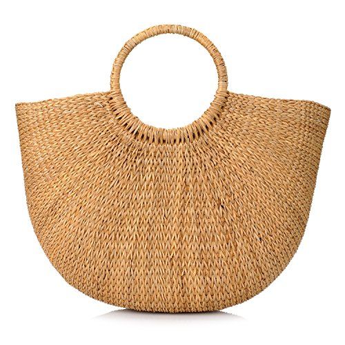 Natural Chic Hand-woven Round Handle Ring Toto Retro Large Casual Summer Beach Handbags (Yellow Gras | Amazon (US)