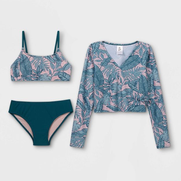 Girls' Palm Print Long Sleeve Cropped 3pc Bikini Set - art class™ Teal | Target