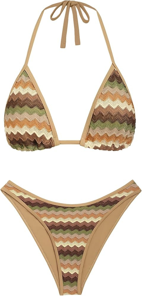 seamoly Women's Bikini Sets Halter Neck Crochet Colorblock Two Piece Swimsuits Open Back Sexy Hig... | Amazon (US)