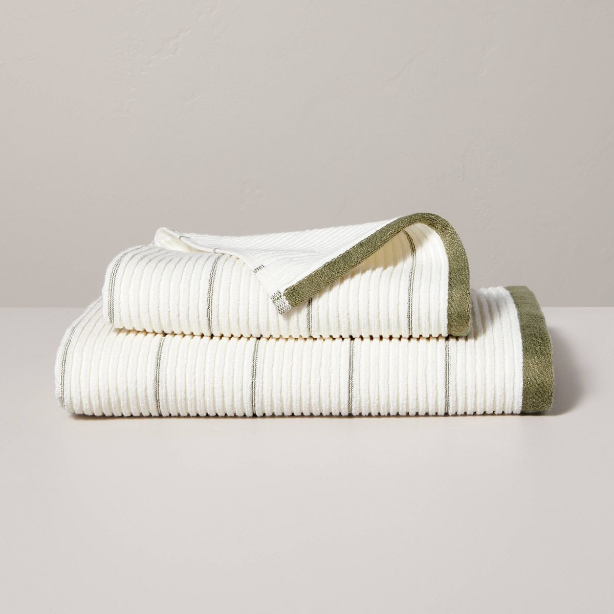 Ribbed Terry Bath Towels Cream/Green - Hearth & Hand™ with Magnolia | Target
