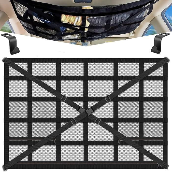 Car Ceiling Cargo Net Pocket Storage Net with 3 Pockets, 35.5" x 25.6" Car Overhead Storage Mesh ... | Amazon (US)