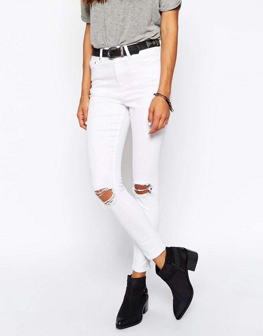 ASOS Ridley Skinny Ankle Grazer Jeans in White With Rip and Destroy Busts | ASOS US