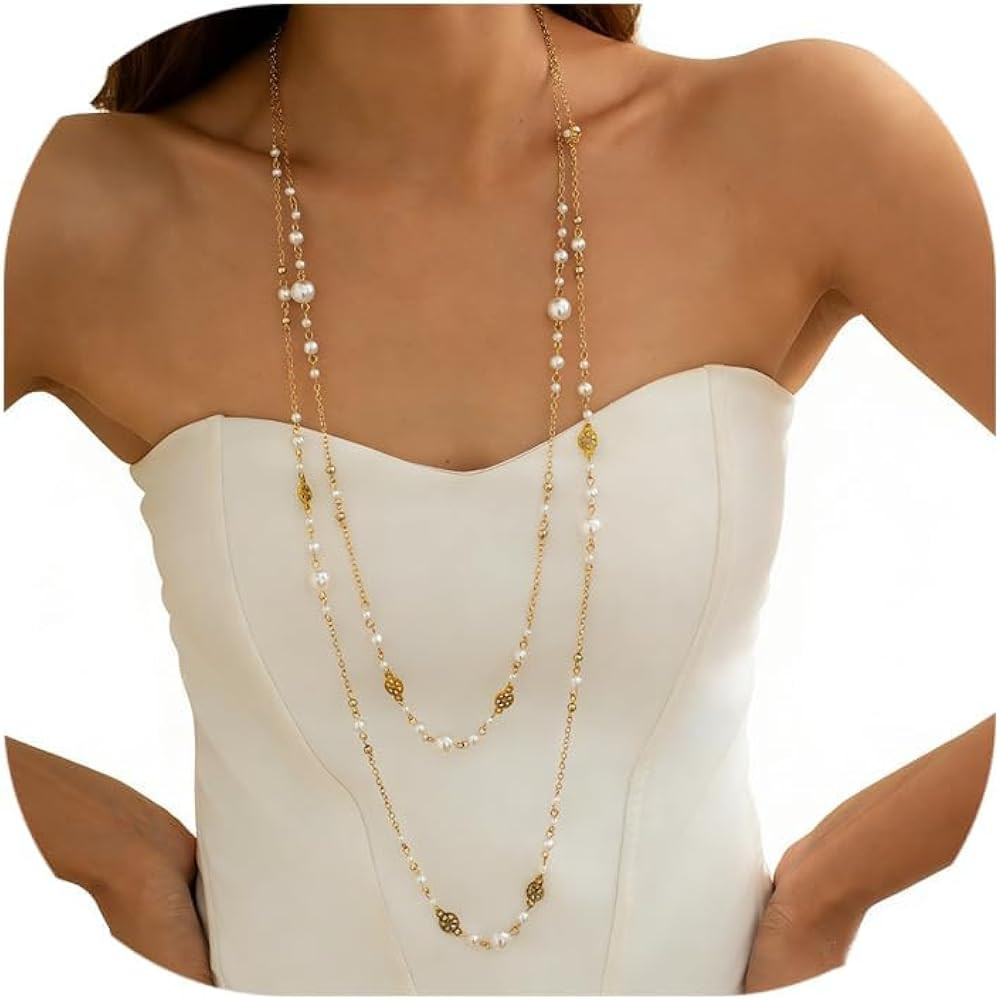Long Gold Pearl Necklaces for Women Trendy Dainty Layered Pearl Statement Strand Chain Fashion Je... | Amazon (US)