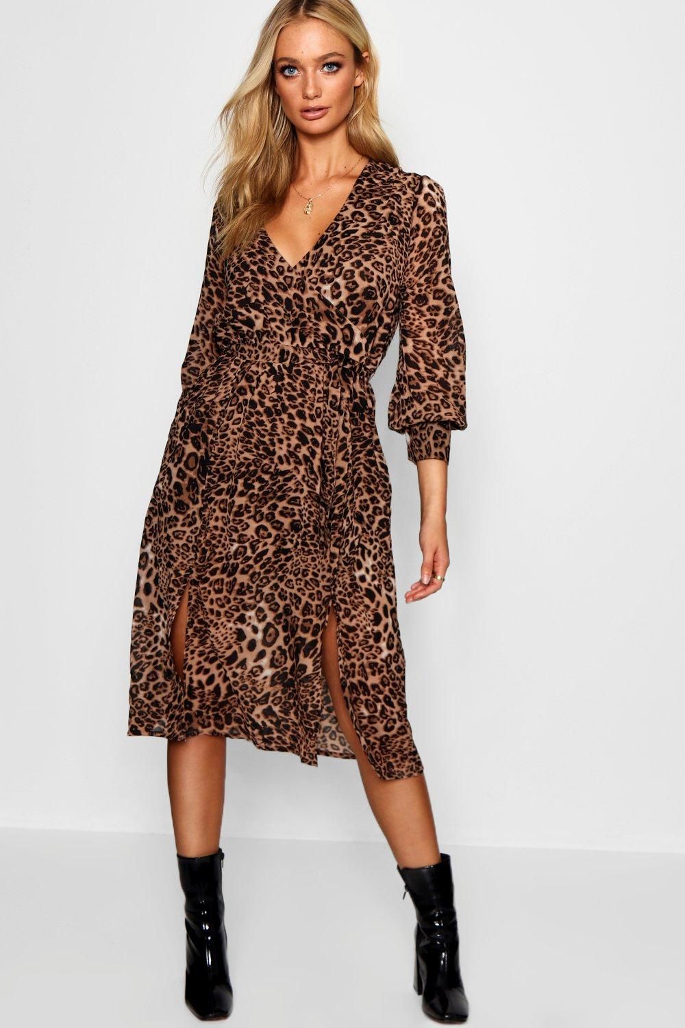 Womens Wrap Front Leopard Print Midi Dress - Black - 8 | Boohoo.com (US & CA)