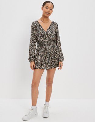 AE Printed V-Neck Tiered Romper | American Eagle Outfitters (US & CA)