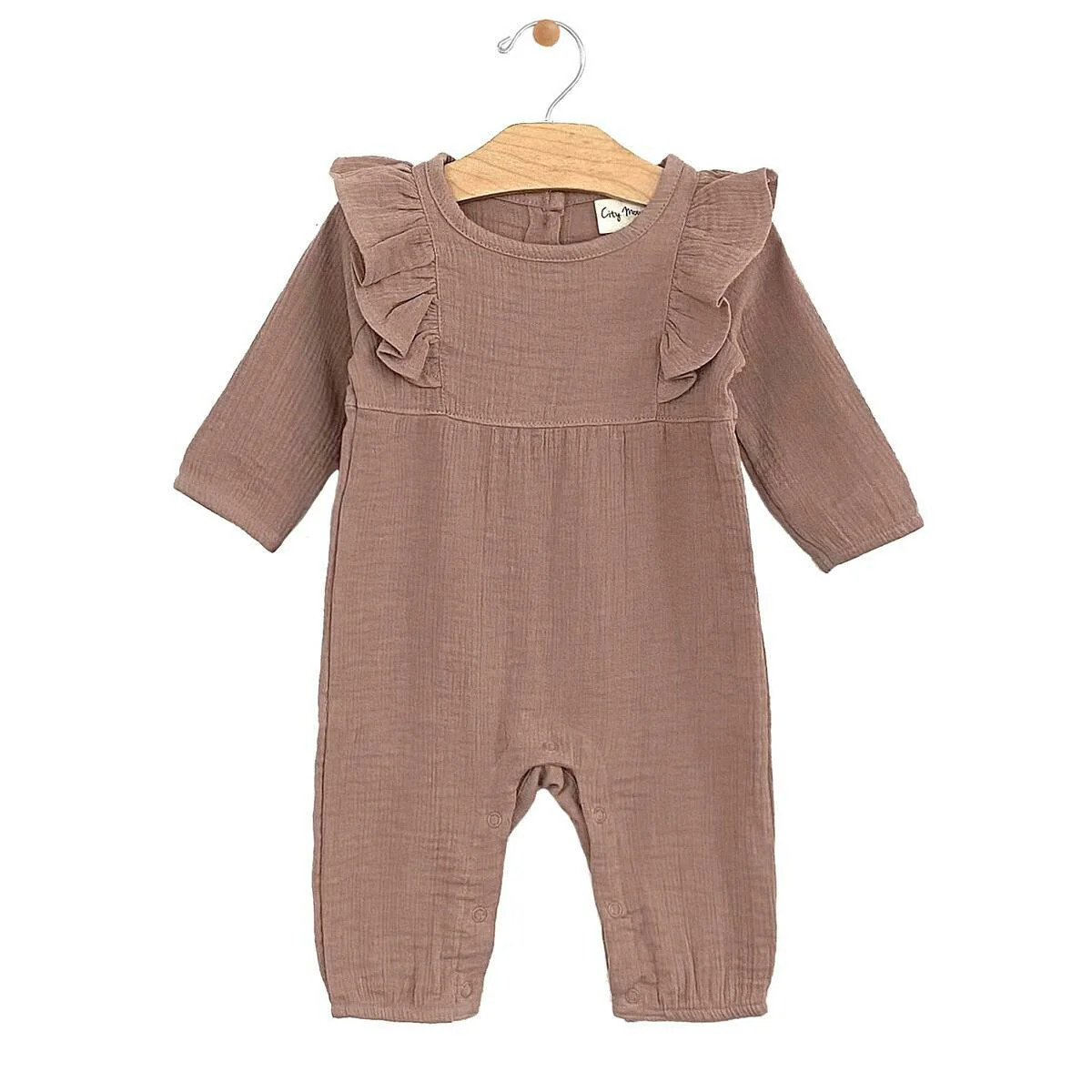 Crinkle Cotton Flutter Long Romper, Dusty Rose | SpearmintLOVE