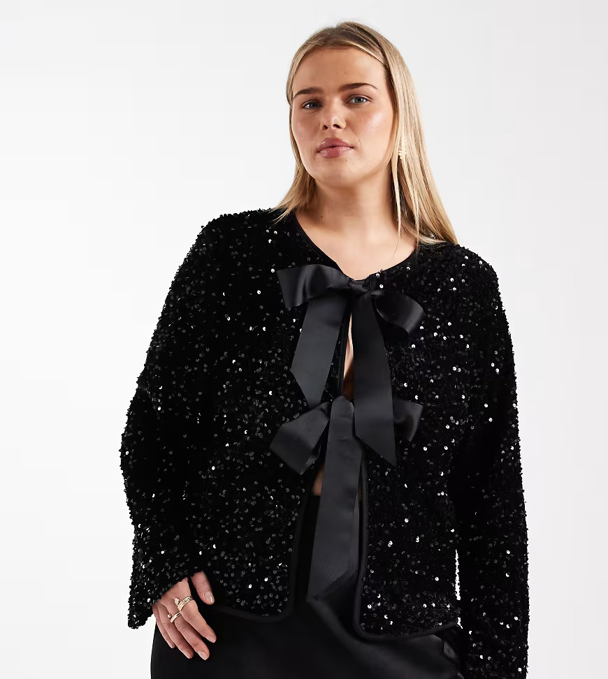 ONLY Curve sequin velvet tie front top in black | ASOS (Global)