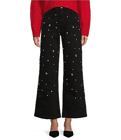 Gianni Bini Brandi Jewel Rhinestone Denim High Rise Wide Leg Full Length Jeans - 25 | Dillard's