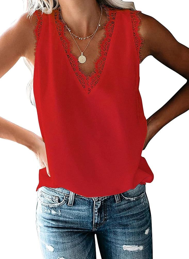 HARHAY Women's V Neck Lace Trim Casual Tank Tops Sleeveless Blouses Shirts | Amazon (US)