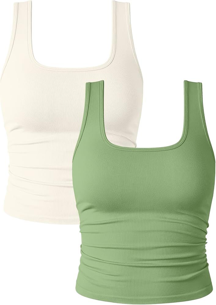 OQQ Womens 2 Piece Shirts Ruched Sleeveless Square Neck Seamless Stretch Fit Basic Tee Tops | Amazon (US)