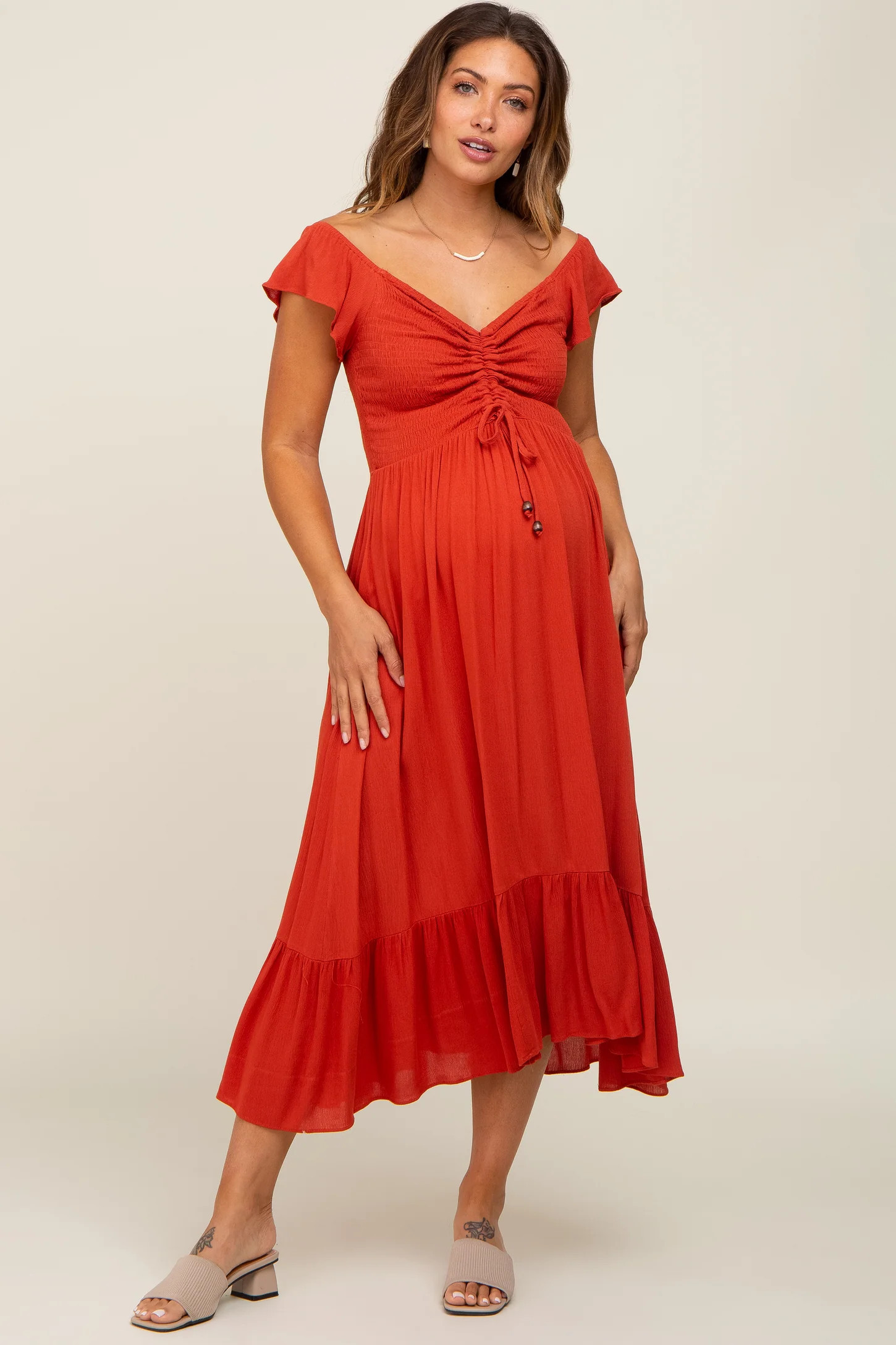 Rust Smocked Ruched Ruffle Hem Maternity Maxi Dress | PinkBlush Maternity