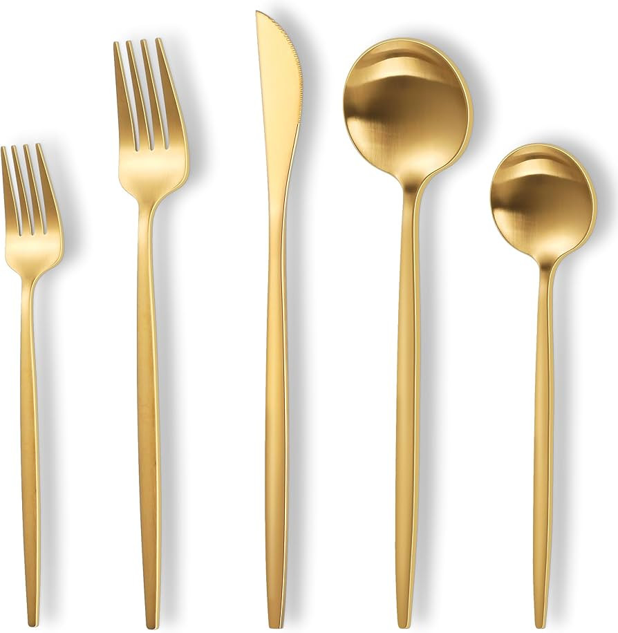 Matte Gold Silverware Set,30 Piece Stainless Steel Modern Flatware Set,Brushed Cutlery Set Servic... | Amazon (US)