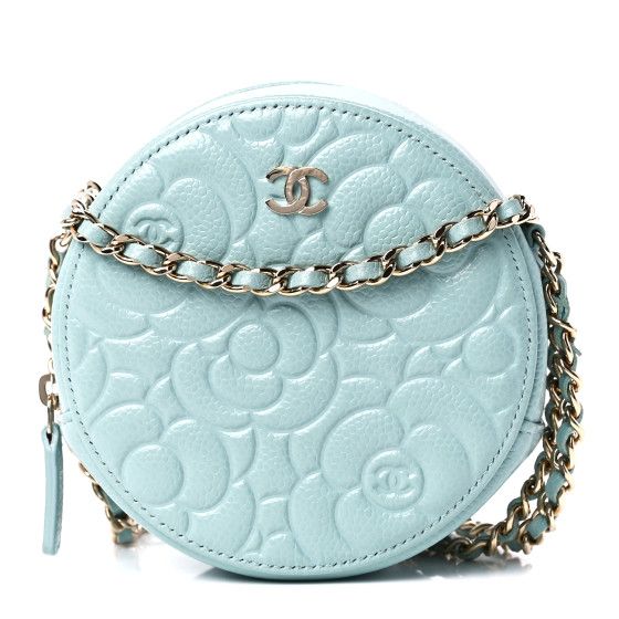 Caviar Camellia Embossed Round Clutch With Chain Light Blue | FASHIONPHILE (US)