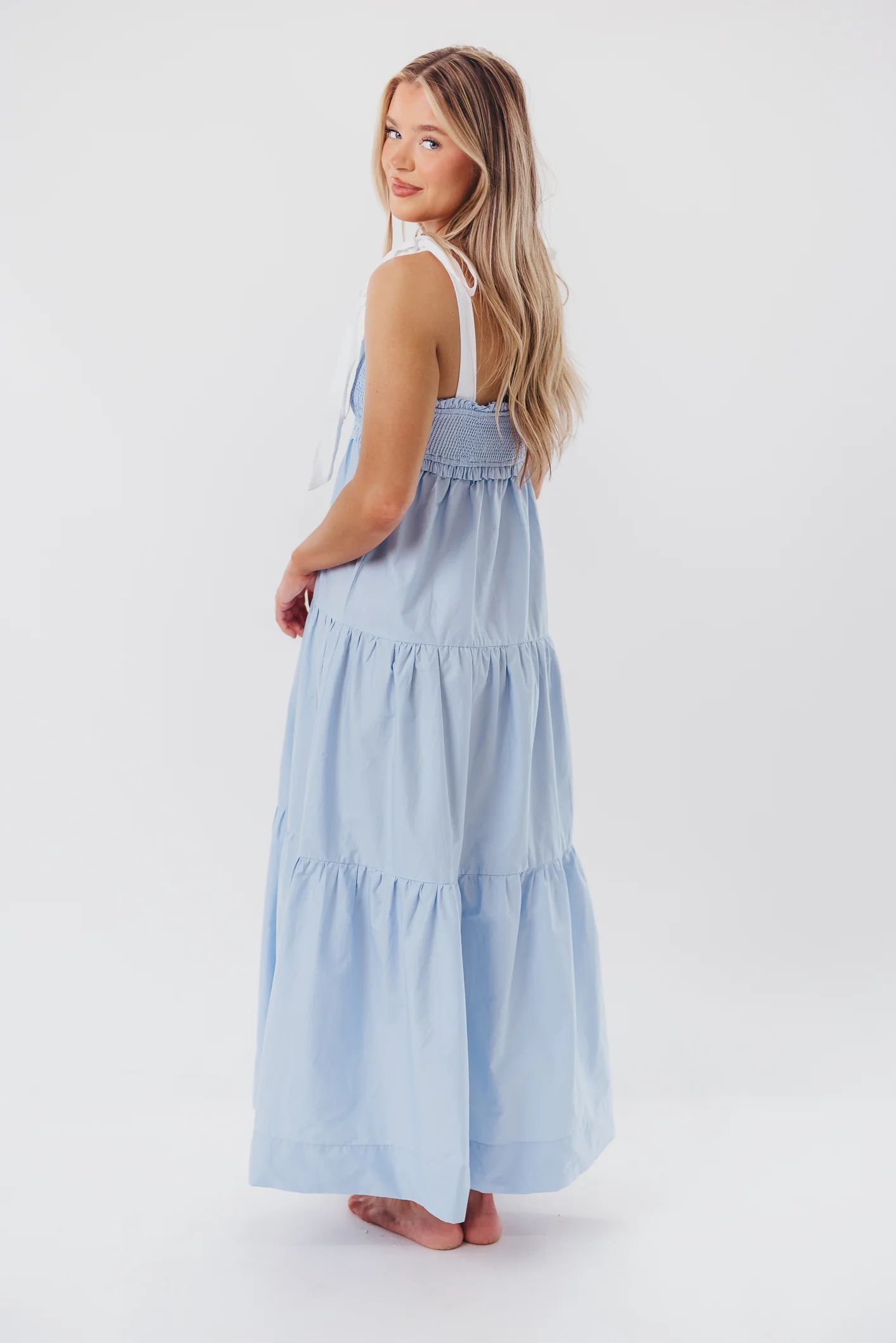 Amber Smocked Maxi Dress with Shoulder Tie in Chambray/Ivory | Worth Collective