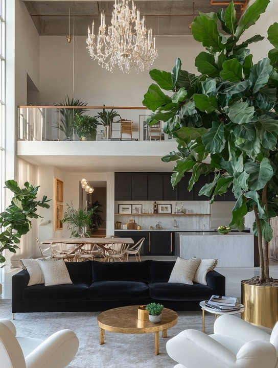 You can recreate this stunning loft-style interior in any space—small apartment or expansive open plan—by focusing on a few statement pieces that do all the work.

Start with a bold black velvet sofa as your anchor. Add a round gold accent coffee table to soften the space and bring in warmth. Layer in ivory accent chairs for contrast, then elevate the look with a marble-and-gold side table for that quiet luxury touch. Finish strong with a statement gold planter and a dramatic fig-leaf tree—it instantly adds height, life, and architectural presence.

This is modern elegance done right: confident, timeless, and designed to feel luxurious without feeling crowded.

#LoftDecor
#ElegantInteriors
#QuietLuxury
#ModernElegance
#StatementDecor
#BlackVelvet
#GoldAccents
#InteriorInspo
#ElegantAndDriven 

 #LTKHome