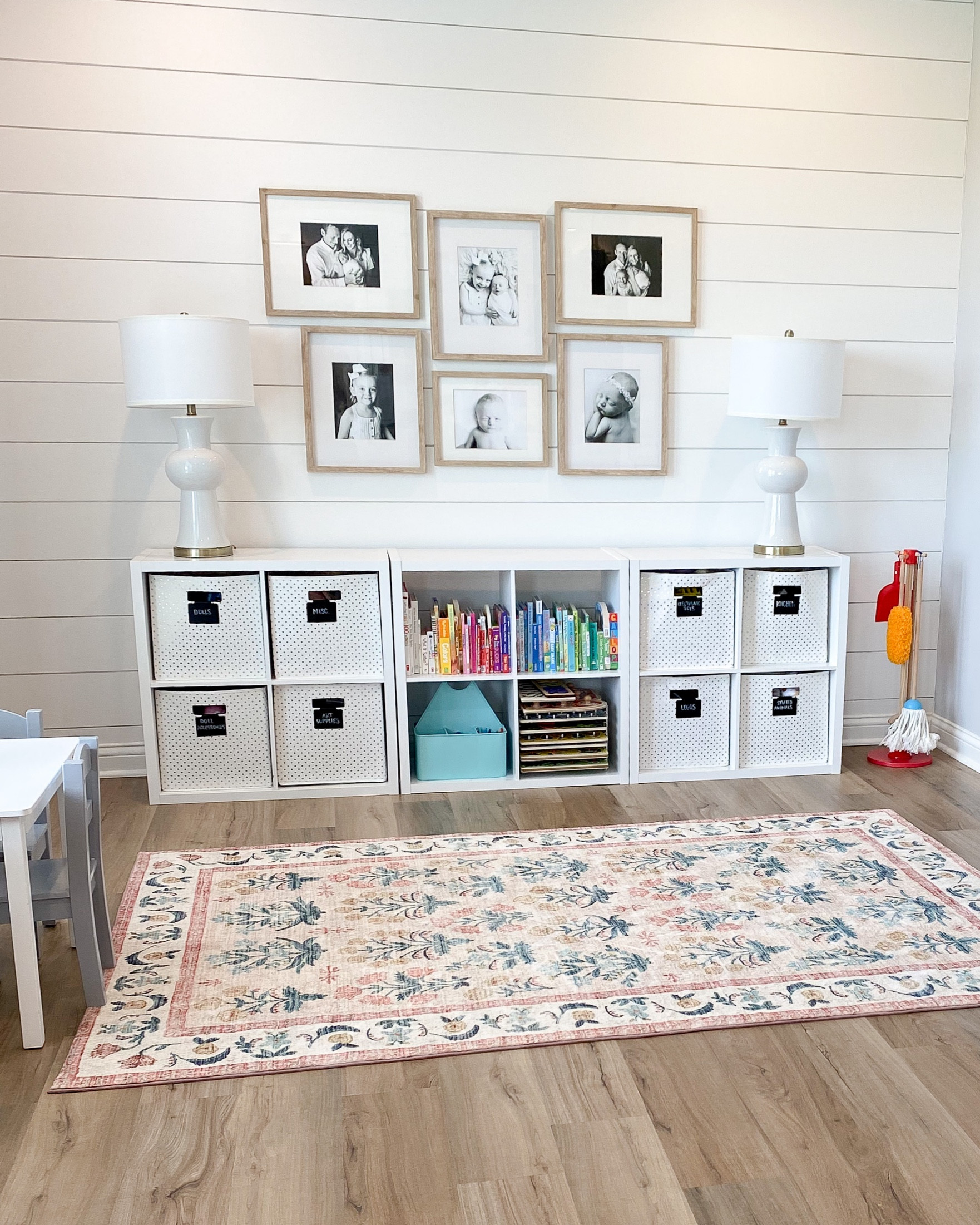 Playroom, toy storage, cube storage, Loloi Eden rug, gallery wall, white lamps, kids table, play area 

#LTKfamily #LTKkids #LTKhome