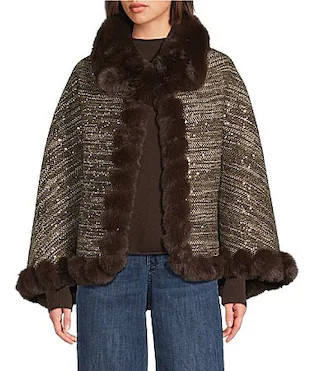 Vince Camuto Tweed Faux Fur Trim Sequin Cape - One Size | Dillard's