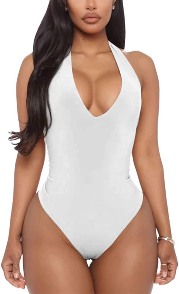 YMDUCH Women's Sexy Sleeveless Halter V Neck Backless Leotard Bodysuit Tops | Amazon (US)