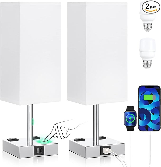 aooshine Set of 2 Touch Nightstand Lamp with USB-C+A Charge Ports& AC Outlets, 3-Way Dimmable Bed... | Amazon (US)