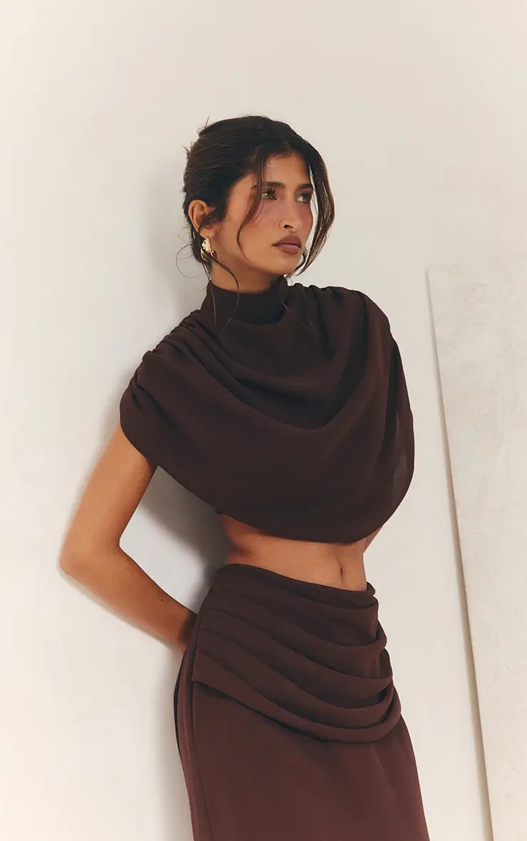 Dark Brown Chiffon High Neck Pleated Draped Top Co-ord | PrettyLittleThing UK