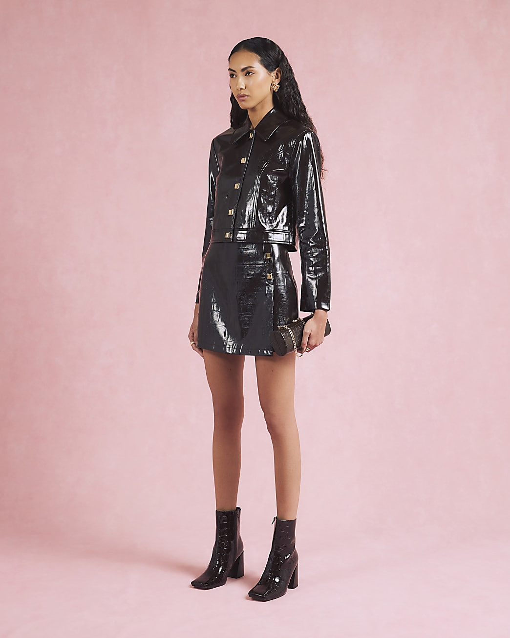 Brown Faux Leather Croc Wrap Mini Skirt | River Island UK & IE