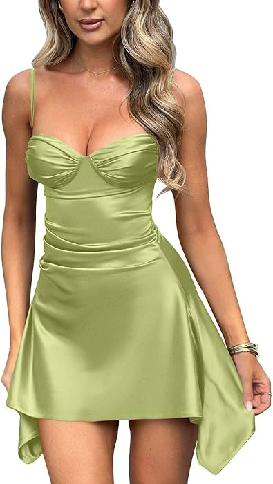 Memoriesea Women's Satin Sleeveless Spaghetti Strap Ruched Sexy Mini Club Party Dress | Amazon (US)