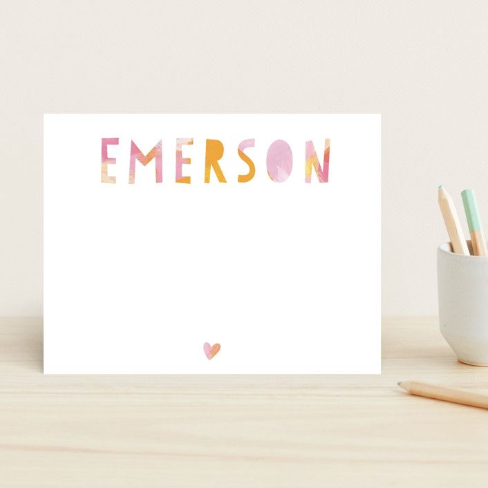 "Painted Name" - Customizable Children's Stationery in Orange or Pink by Melanie Severin. | Minted