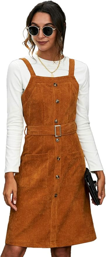 Milumia Women Button Front Corduroy Belted Sleeveless Pinafore Overall Bib Dress | Amazon (US)