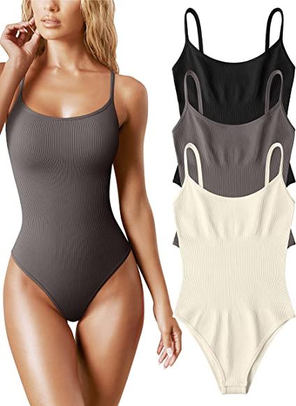 OQQ Women's 3 Piece Bodysuits Sexy Ribbed Sleeveless Adjustable Spaghetti Strip Tops Shapewear Bodys | Amazon (US)