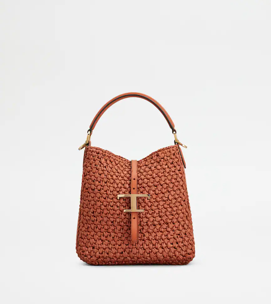 T Timeless Bucket Bag in Raffia and Leather Mini | Tods