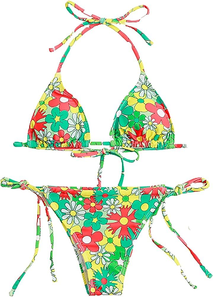 SOLY HUX Women's Floral Print Halter Triangle Tie Side Bikini Set Two Piece Swimsuits | Amazon (US)