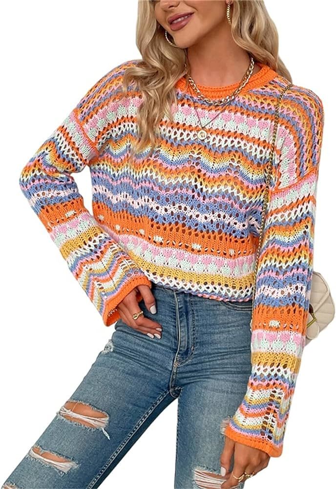 Women' s Y2K Crochet Crop Top See Through Hollow Out Sweater Pullover Long Sleeve Knit Color Block Casual Streetwear | Amazon (US)