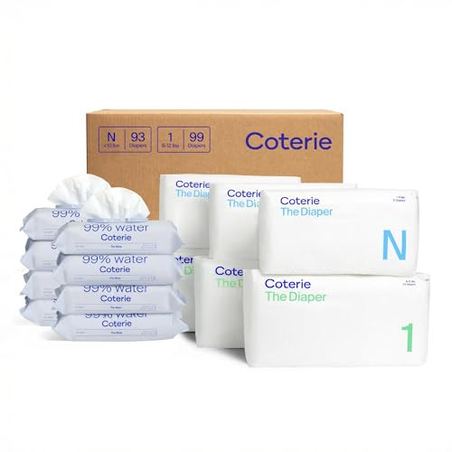 Coterie Baby Wipes + Diapers Kit, Size 1 (99 Count) & Size Newborn Diapers (93 Count), 8 Pack (448) Baby Wipes with 99% Water, Plant Based Materials, Hypoallergenic for Sensitive Skin | Amazon (US)