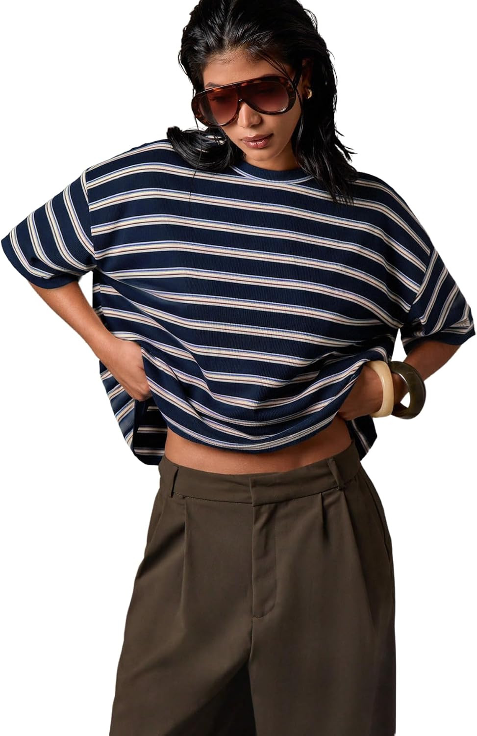 OYOANGLE Women's Oversized Striped T Shirts Ribbed Knit Y2k Going Out Tops | Amazon (US)